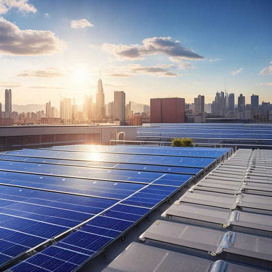 A sunny rooftop with multiple rows of sleek, silver solar panels mounted on sturdy, adjustable racking systems, with a subtle cityscape in the background.