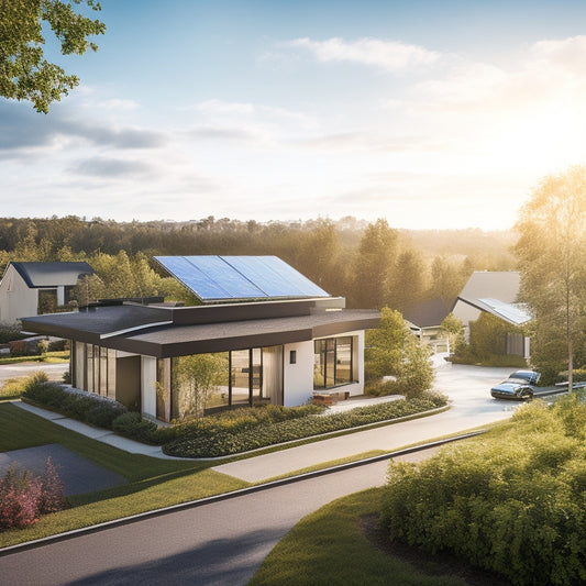 A serene landscape with a mix of modern homes and commercial buildings, all equipped with sleek solar panels, surrounded by lush greenery and a bright blue sky with a few fluffy white clouds.