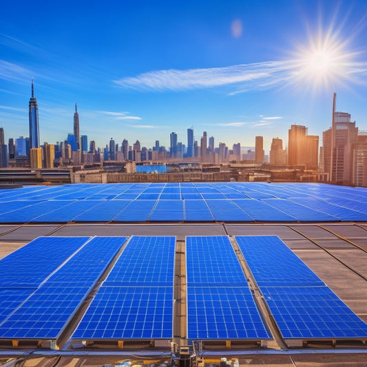 A sunny industrial rooftop with sleek, black solar panels installed in neat rows, surrounded by city skyscrapers and a bright blue sky with a few puffy white clouds.