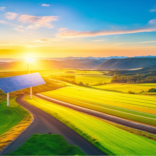 A vibrant landscape showcasing solar panels glistening under the sun, wind turbines gracefully spinning on rolling hills, and lush greenery thriving, symbolizing a sustainable future and the harmony of nature and technology.