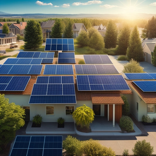 An illustration of a residential rooftop with 7 differently sized solar panel arrays, each with a varying number of panels, surrounded by a subtle grid of dollar signs and tiny houses.