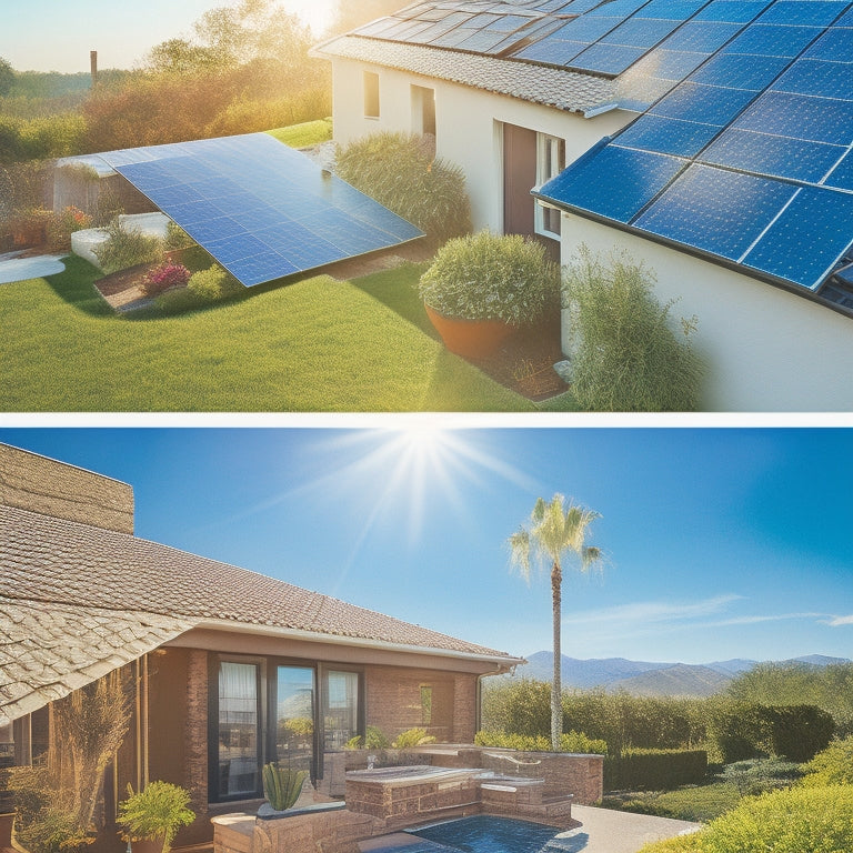 A split image showcasing a sunny rooftop with solar panels and a serene backyard with a traditional water heater, juxtaposing vibrant sun rays against shadows, highlighting efficiency and traditional methods in harmony with nature.