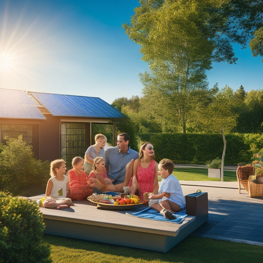 A sun-drenched rooftop adorned with sleek solar panels, surrounded by vibrant green trees and a clear blue sky, while a family enjoys a picnic on the lawn, symbolizing energy savings and sustainability.