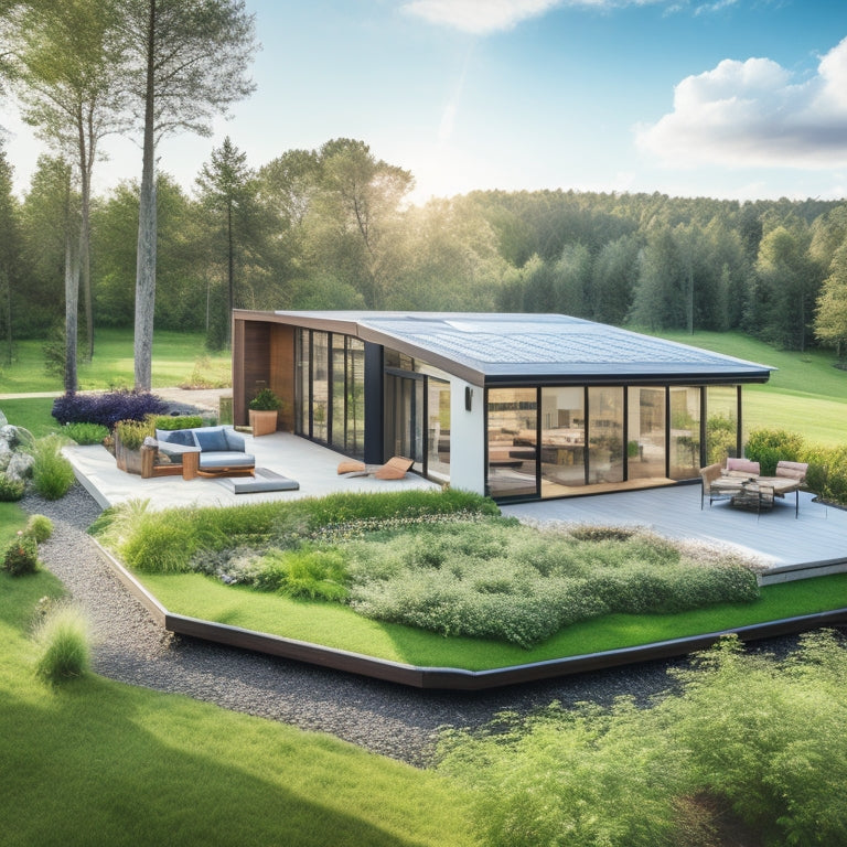 A modern eco-friendly home with solar panels, green roofs, large windows showcasing natural light, surrounded by lush gardens, energy-efficient materials, and rainwater harvesting systems, situated in a serene natural landscape.