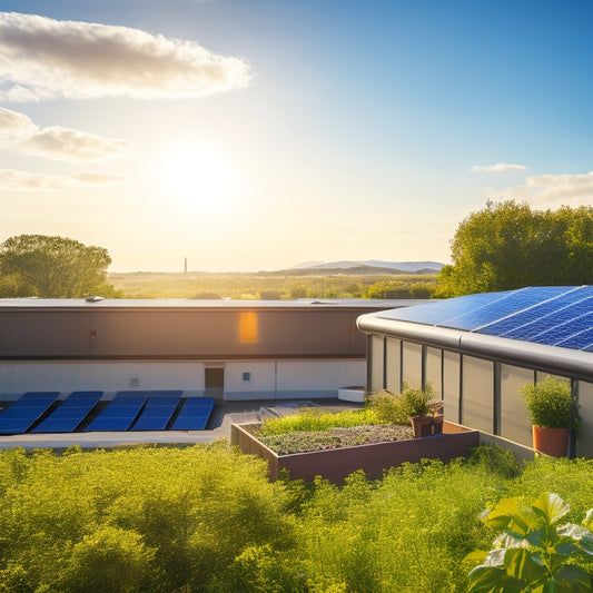A sunlit rooftop adorned with sleek solar panels, reflecting sunlight, next to a modern water tank, surrounded by green plants, showcasing a clear blue sky and soft clouds, emphasizing sustainable water heating technology.