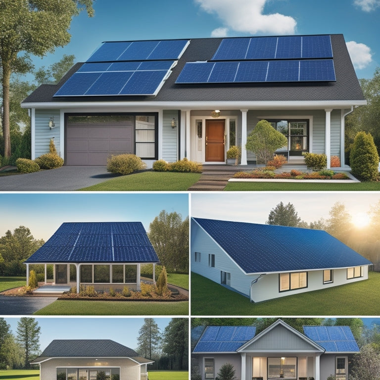 Illustrate a modern suburban home with various solar panel systems: rooftop installation, solar shingles, ground-mounted array, and a solar carport, showcasing different residential solar solutions.