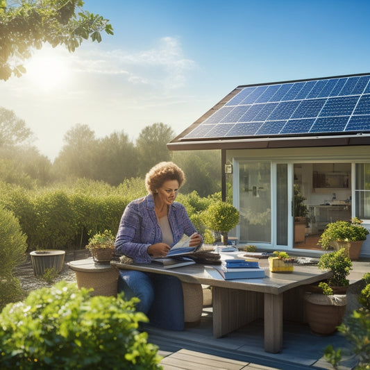 A sun-drenched rooftop adorned with solar panels, surrounded by lush greenery, a homeowner examining tax documents, and a calculator on a table, with a bright blue sky and fluffy clouds in the background.