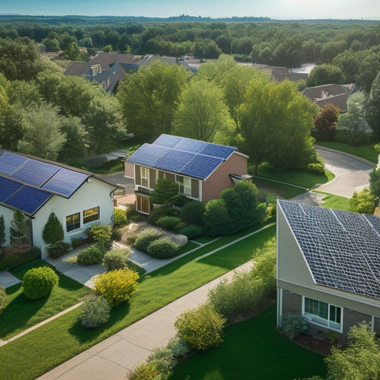 A serene, aerial view of a suburban neighborhood with solar panels seamlessly integrated into rooftops, surrounded by lush greenery, contrasting with a neighboring area with traditional roofing and visible pollution.