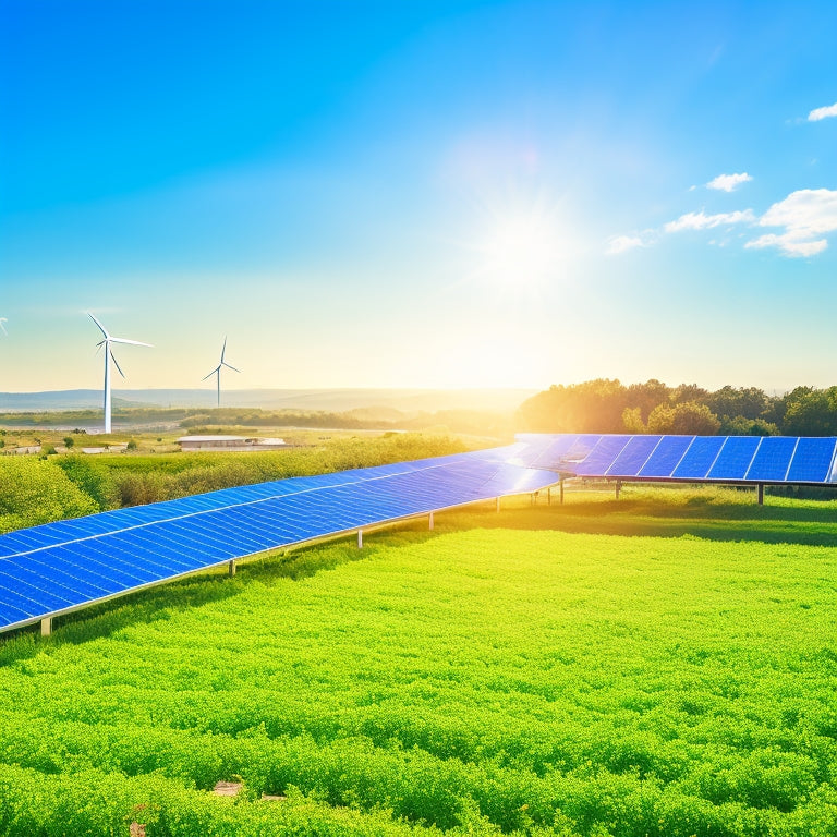 A vibrant green landscape featuring solar panels on rooftops, wind turbines in the distance, and lush gardens. A diverse group of eco-minded business owners are discussing plans under a clear blue sky.