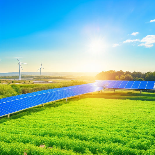 A vibrant green landscape featuring solar panels on rooftops, wind turbines in the distance, and lush gardens. A diverse group of eco-minded business owners are discussing plans under a clear blue sky.