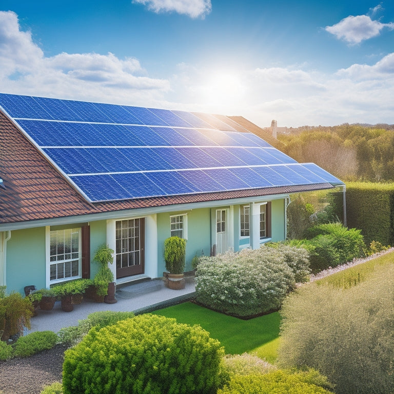 A rooftop with multiple solar panels under a bright blue sky, sunlight reflecting off the panels, surrounded by a green garden, with a cozy house in the background.