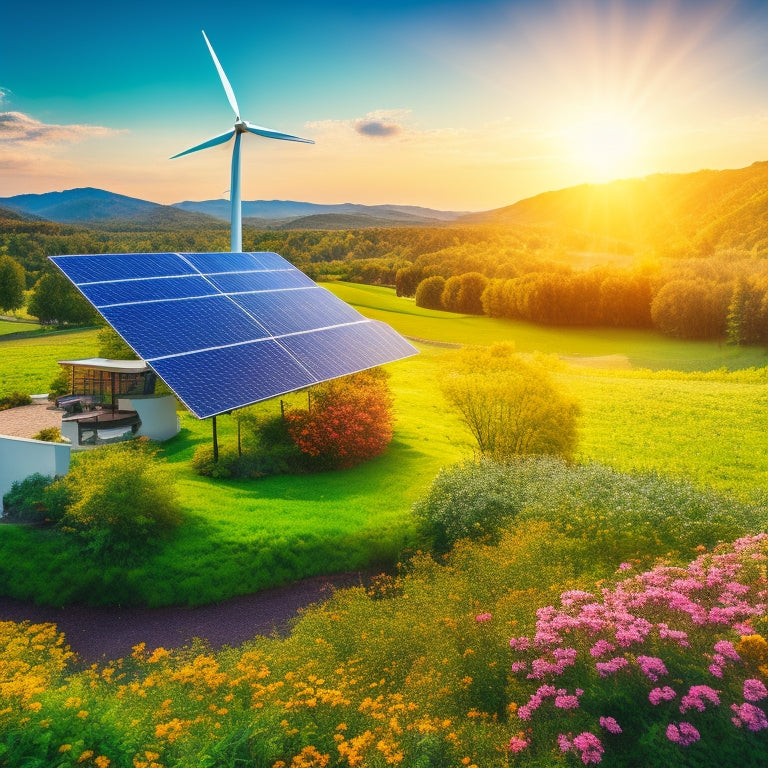 A vibrant landscape featuring solar panels glistening under the sun, a wind turbine gracefully spinning on a hill, and a lush garden with a small water turbine, symbolizing diverse renewable energy sources harmonizing with nature.