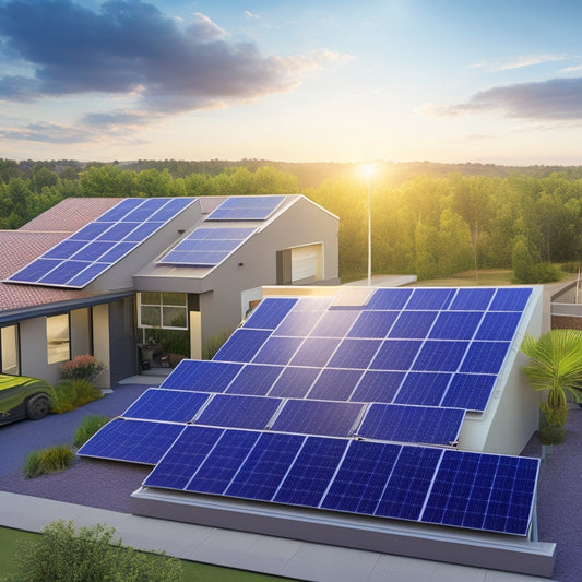 An illustration of a residential rooftop with multiple solar panels, showcasing different types: monocrystalline, polycrystalline, thin-film, and bifacial, each with distinct textures, colors, and panel frames.