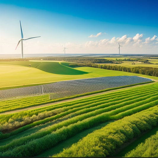 A vibrant landscape showcasing a solar farm and wind turbines under a clear blue sky, surrounded by lush greenery and wildlife, illustrating harmony between technology and nature, emphasizing clean energy and self-sufficiency.