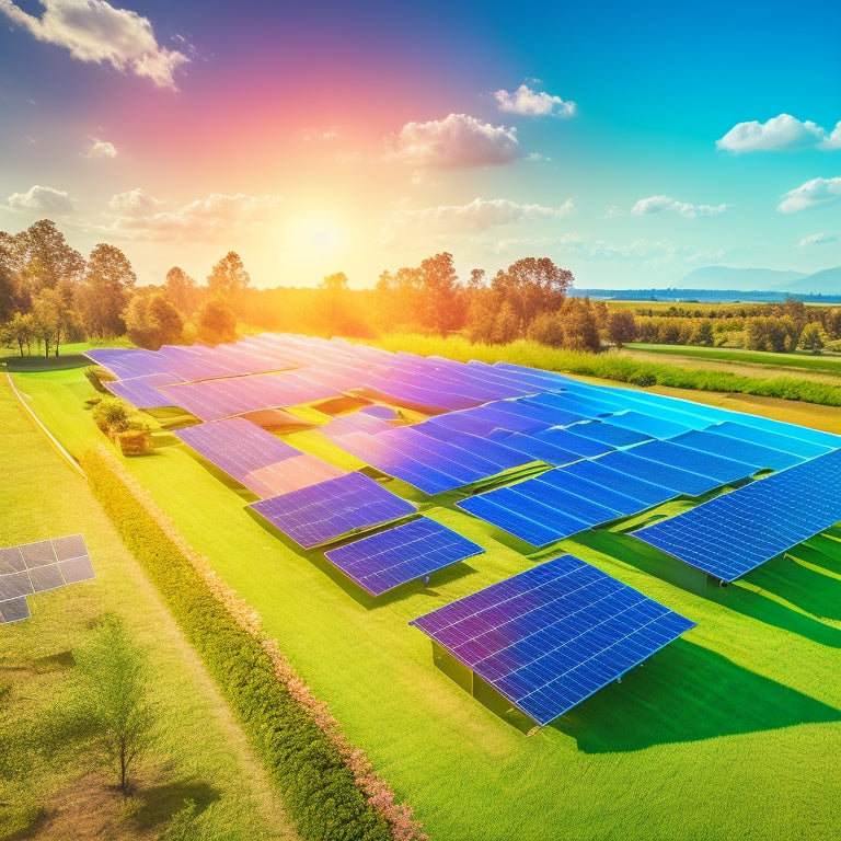 A vibrant solar farm with sleek solar panels glistening under a bright sun, surrounded by lush greenery and modern homes with solar roofs, showcasing innovative energy solutions and a clear blue sky.