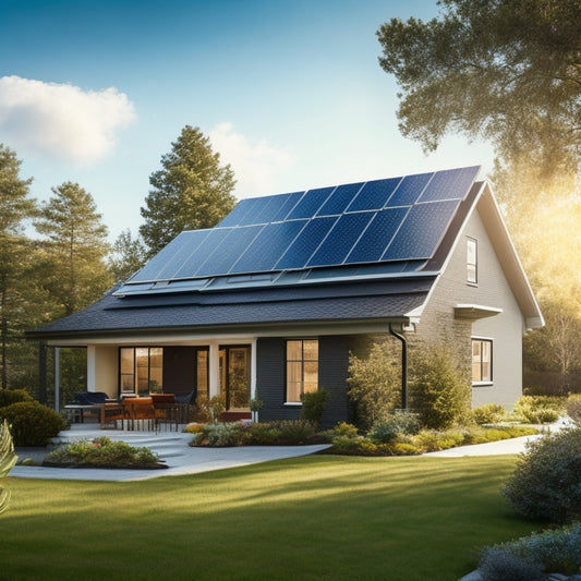 A serene suburban home with a sleek, black solar panel array on the roof, surrounded by lush greenery and a bright blue sky with a few wispy clouds.