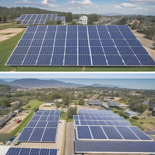 A split-screen image featuring a small residential rooftop with 2-3 small solar panels (250-300W) alongside a large commercial rooftop with 10-15 larger solar panels (400-500W) in a staggered formation.