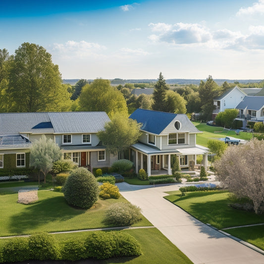 A serene suburban neighborhood with several residential homes, each with a rooftop solar panel installation, surrounded by lush greenery and a few trees, under a bright blue sky with a few white clouds.