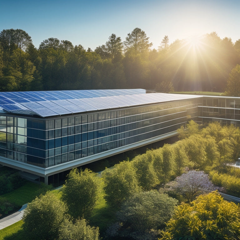 A modern business building with solar panels on the roof, surrounded by vibrant greenery. A bright sun shines overhead, casting dynamic shadows, while a diverse group of professionals discusses sustainable energy options nearby.
