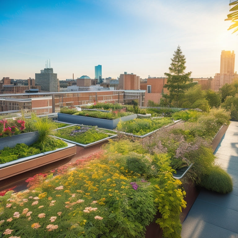 A vibrant rooftop garden adorned with solar panels, lush greenery, and colorful flowers, set against a clear blue sky, showcasing a harmonious blend of technology and nature in a sustainable urban environment.