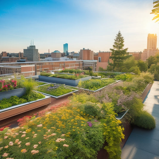 A vibrant rooftop garden adorned with solar panels, lush greenery, and colorful flowers, set against a clear blue sky, showcasing a harmonious blend of technology and nature in a sustainable urban environment.