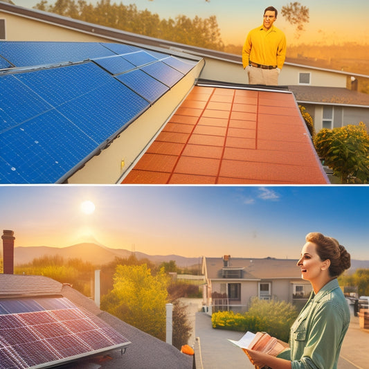 A split-screen image featuring a residential rooftop with solar panels on one side and a shocked homeowner holding a large bill on the other, with a subtle background of rising electricity rates and environmental pollution.