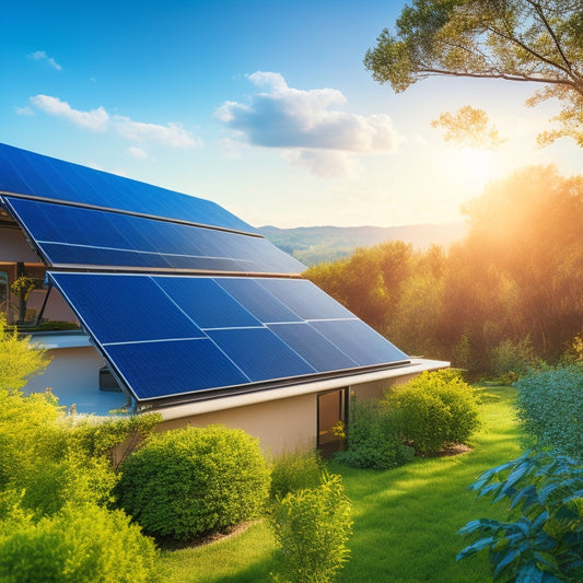 A serene residential rooftop with a sleek, black photovoltaic panel array angled at 30 degrees, surrounded by lush greenery and a bright blue sky with a few wispy clouds.