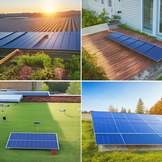 A sunny rooftop with various roof electricity panels at different angles, showcasing different installation styles, surrounded by measuring tapes, level tools, and a few fallen leaves.