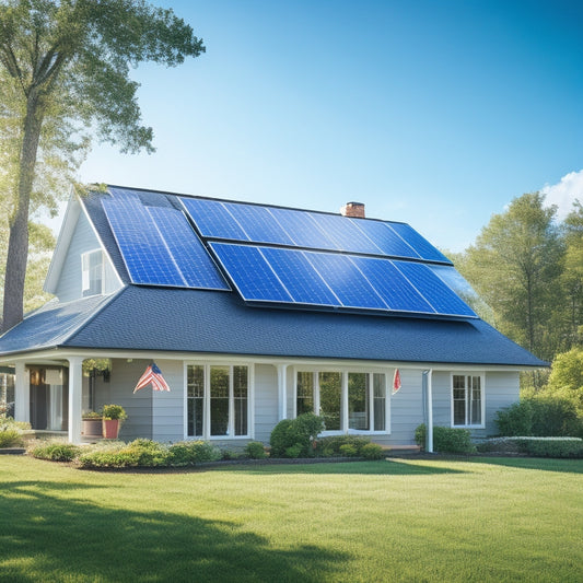 A serene suburban home with a mix of rectangular and triangular solar panels on its roof, surrounded by lush greenery and a bright blue sky with a few puffy white clouds.