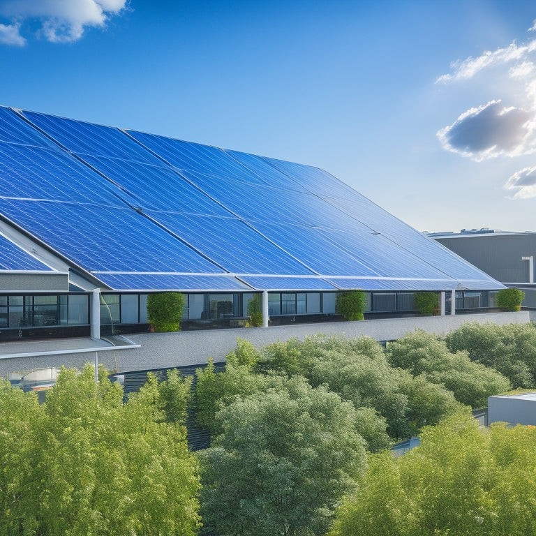 A modern commercial rooftop adorned with sleek solar panels, connected to an industrial battery storage unit, surrounded by lush greenery, under a bright blue sky, showcasing a sustainable energy future.