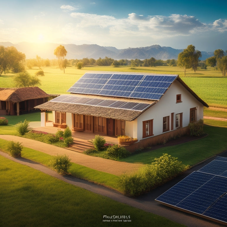 Generate an image of a picturesque rural Indian landscape featuring a traditional home with modern solar panels on the roof, surrounded by lush fields, clear blue skies, and the sun shining brightly.