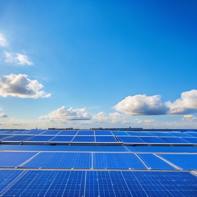 A bright blue sky with fluffy white clouds, a large commercial building in the background, and rows of sleek, silver solar panels installed on the rooftop, with a subtle grid pattern in the foreground.