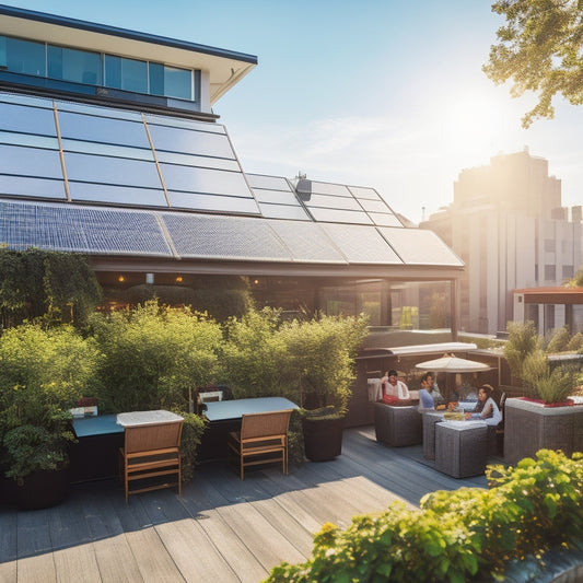 A vibrant small business rooftop adorned with sleek solar panels, basking in sunlight. Below, a bustling café with outdoor seating, surrounded by lush greenery, highlighting sustainability and innovation in a lively urban setting.