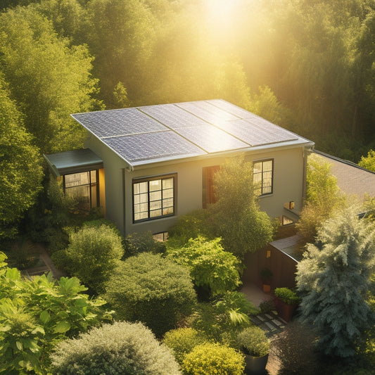 A sun-drenched rooftop adorned with sleek solar panels, surrounded by vibrant green trees. Below, a cozy home with energy-efficient windows, a flourishing garden, and a utility bill symbol fading away in the corner.