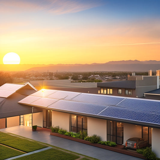 An illustration of a residential rooftop with solar panels, a dollar sign integrated into the design, and a subtle background of a cityscape or suburban neighborhood at sunset.