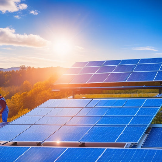 A vibrant solar panel array atop a sunlit roof, surrounded by lush greenery, with a technician inspecting the panels and a digital display showing energy savings, all under a clear blue sky.