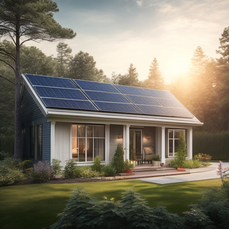 A serene suburban home with a sleek solar panel array on its rooftop, surrounded by lush greenery, with a subtle sunburst in the background and a few birds flying overhead.