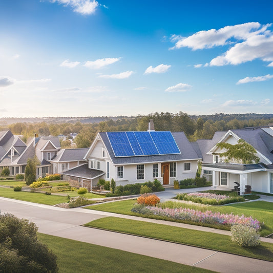 A serene suburban landscape with a mix of modern and traditional homes, each with differently sized and angled solar panels, surrounded by lush greenery and a bright blue sky with a few wispy clouds.