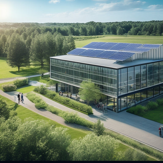 A modern office building equipped with solar panels on the roof, wind turbines nearby, and employees working in a green landscape with lush plants, showcasing energy-efficient technology and collaboration for sustainability.