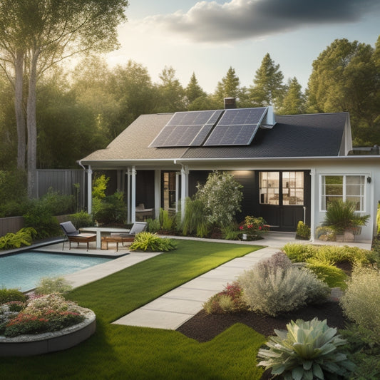 A serene suburban backyard with a modest single-story house, featuring a sloping roof partially covered in shiny, black solar panels, amidst lush greenery and a few white outdoor furniture pieces.