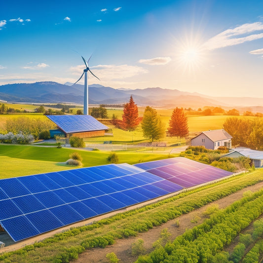 A vibrant landscape showcasing solar panels on rooftops, wind turbines on rolling hills, and a community garden, all under a bright blue sky, symbolizing sustainable living and renewable energy harmony.