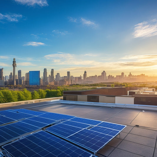 A modern, sleek rooftop with three compact solar panels, each approximately 2x3 feet in size, installed at an angle, with a subtle cityscape in the background, under a clear blue sky.