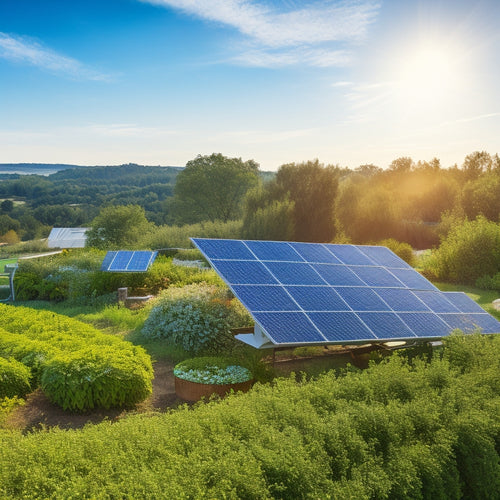 A serene landscape featuring solar panels on a rooftop, a small wind turbine in the garden, and vibrant vegetable patches, surrounded by lush greenery and a clear blue sky, embodying sustainable independent living.