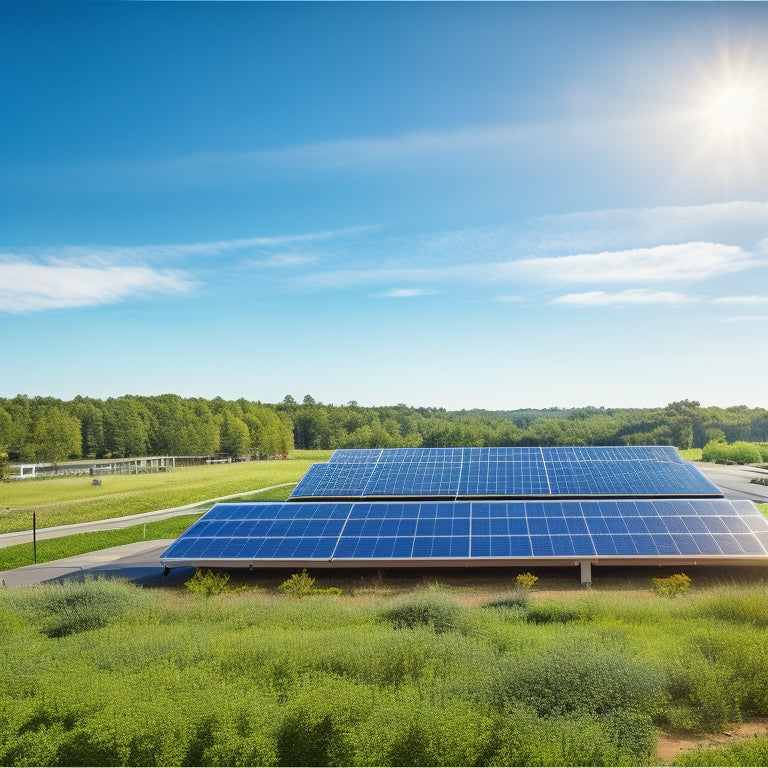 A serene landscape with a modern commercial building in the distance, surrounded by lush greenery, with a large array of sleek, silver solar panels installed on the rooftop, under a bright blue sky with a few puffy white clouds.