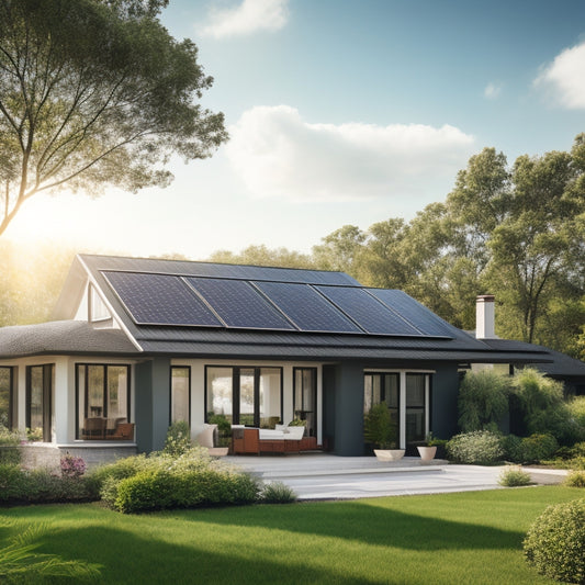 A serene suburban home with a sloping roof, partially covered in sleek, black solar panels, surrounded by lush greenery and a clear blue sky with a few wispy clouds.