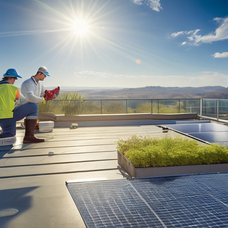 A sunny rooftop with clean, gleaming solar panels, a person in work gloves gently rinsing them with a hose, a soft brush nearby, and lush green surroundings reflecting clear blue skies.