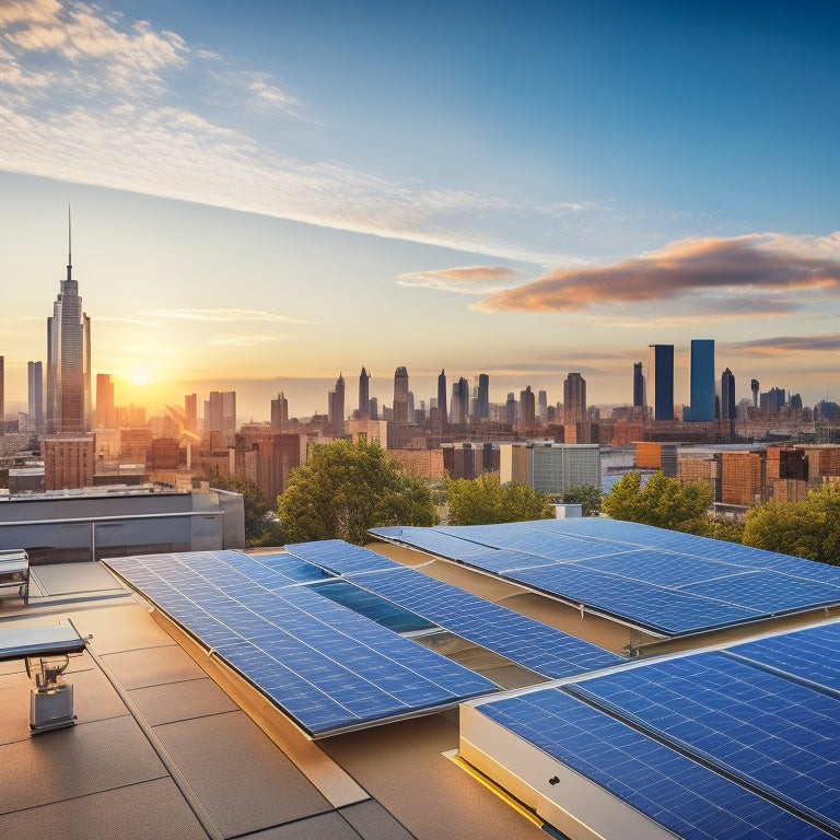 A sleek rooftop with compact, high-efficiency solar panels seamlessly integrated; sun rays casting a warm glow, highlighting the modern, space-saving design against a clear blue sky, surrounded by urban buildings.