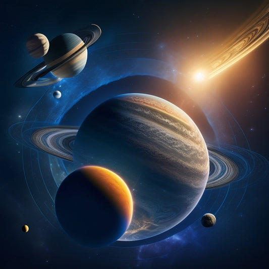A stylized illustration of the solar system with three prominent planets (Earth, Saturn, and Jupiter) surrounded by orbiting satellites, with glowing blue lines and subtle starry background, conveying a sense of technology and space exploration.