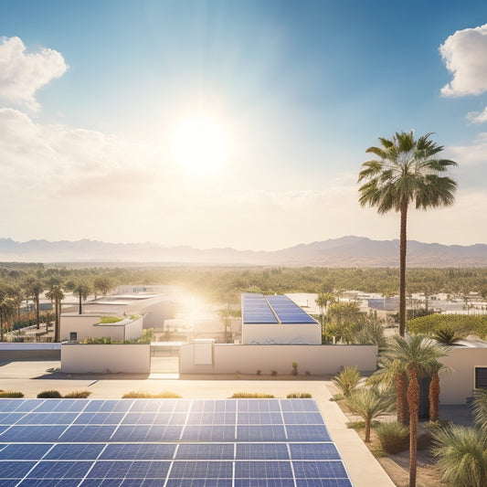 A photorealistic illustration of a large, sun-kissed California rooftop with a sprawling commercial solar panel array, surrounded by palm trees and a blue sky with a few wispy clouds.