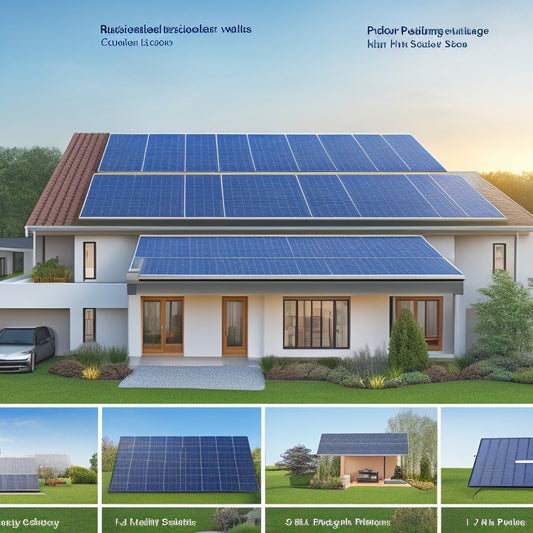 An illustration of a residential roof with various solar panel sizes (small, medium, large) and configurations (rows, columns, scattered) to convey scale and customization options.